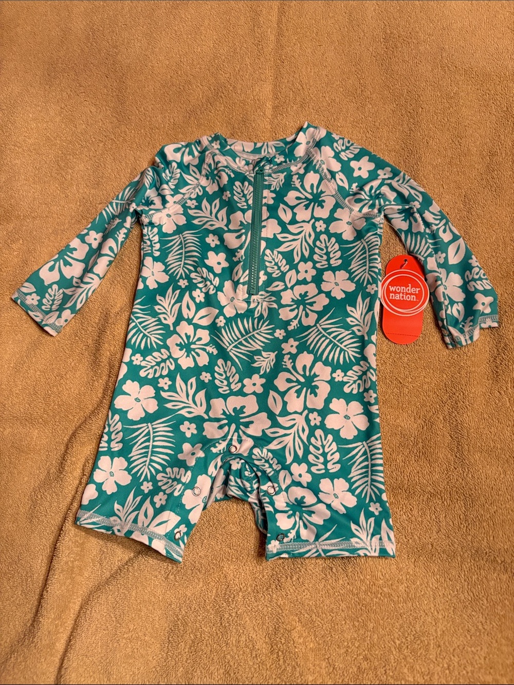 NWT 6-9 months Teal & White Floral Long-Sleeve Kids Swim Romper
